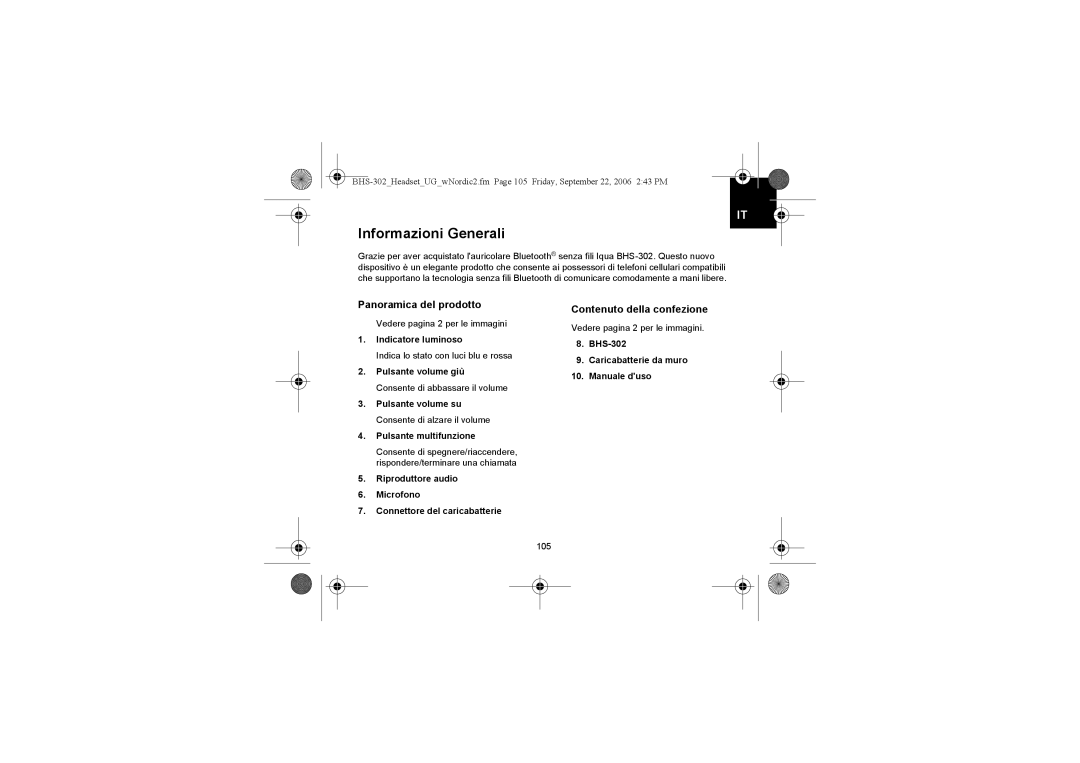 Iqua BHS-302 manual Informazioni Generali, Panoramica del prodotto, Contenuto della confezione 