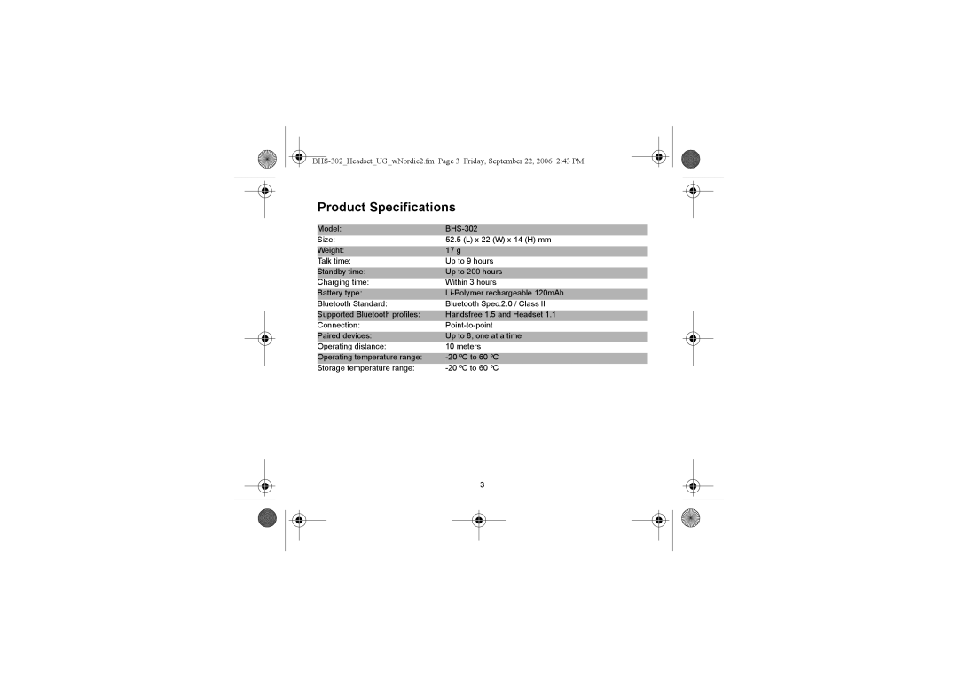 Iqua BHS-302 manual Product Specifications 