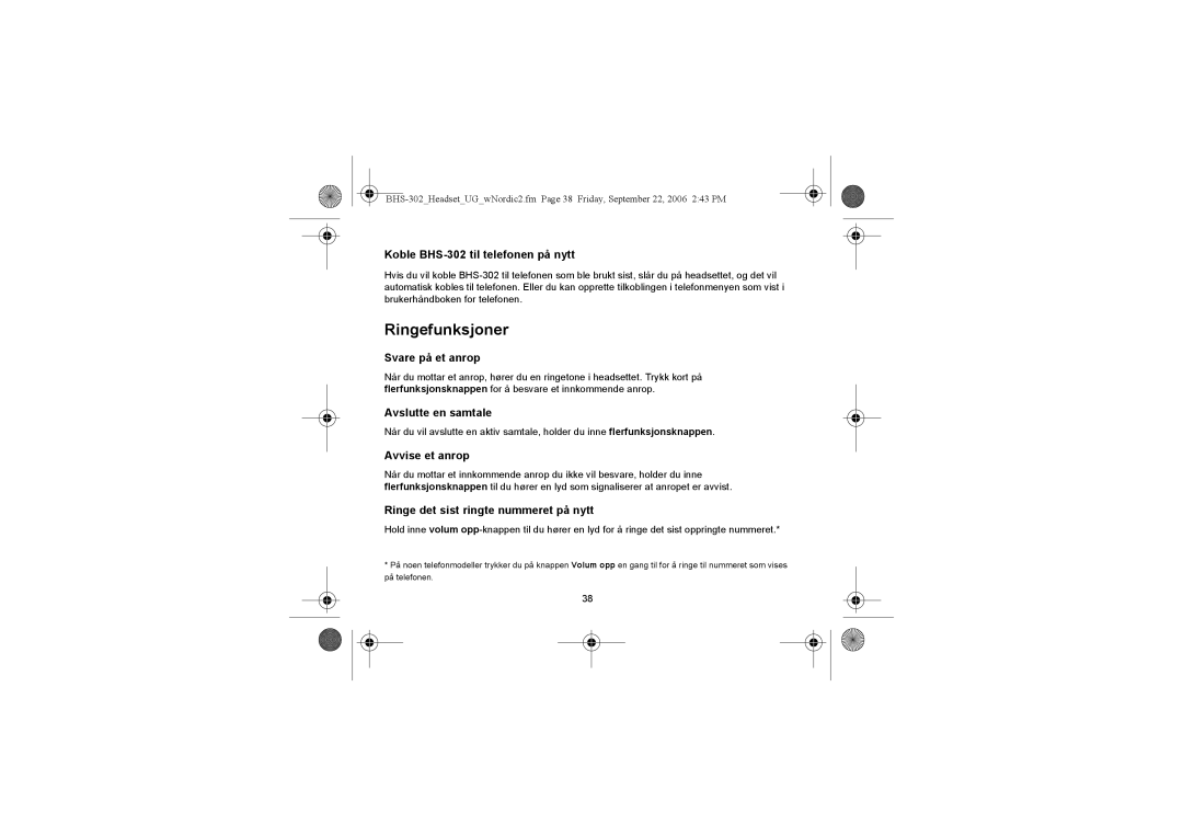 Iqua BHS-302 manual Ringefunksjoner 