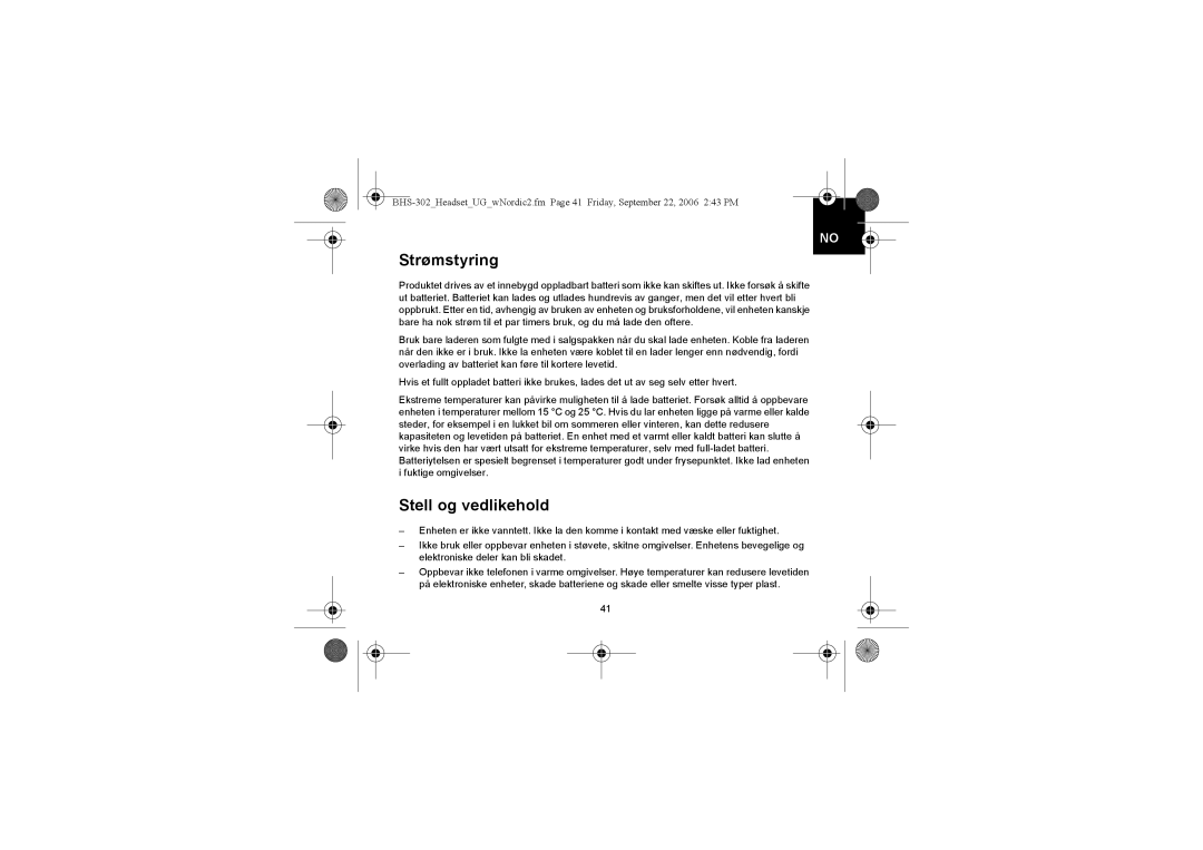 Iqua BHS-302 manual Strømstyring, Stell og vedlikehold 