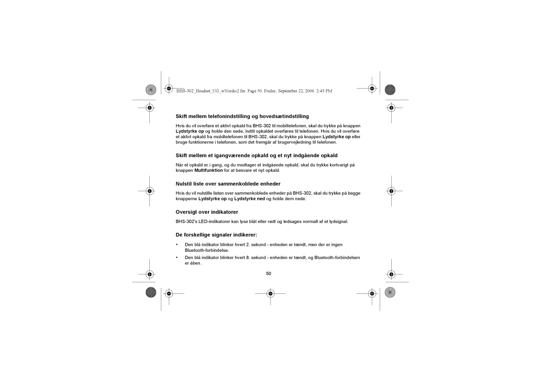 Iqua BHS-302 manual Skift mellem telefonindstilling og hovedsætindstilling, Nulstil liste over sammenkoblede enheder 