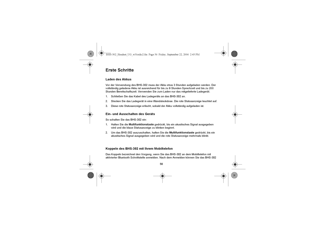 Iqua manual Erste Schritte, Laden des Akkus, Ein- und Ausschalten des Geräts, Koppeln des BHS-302 mit Ihrem Mobiltelefon 