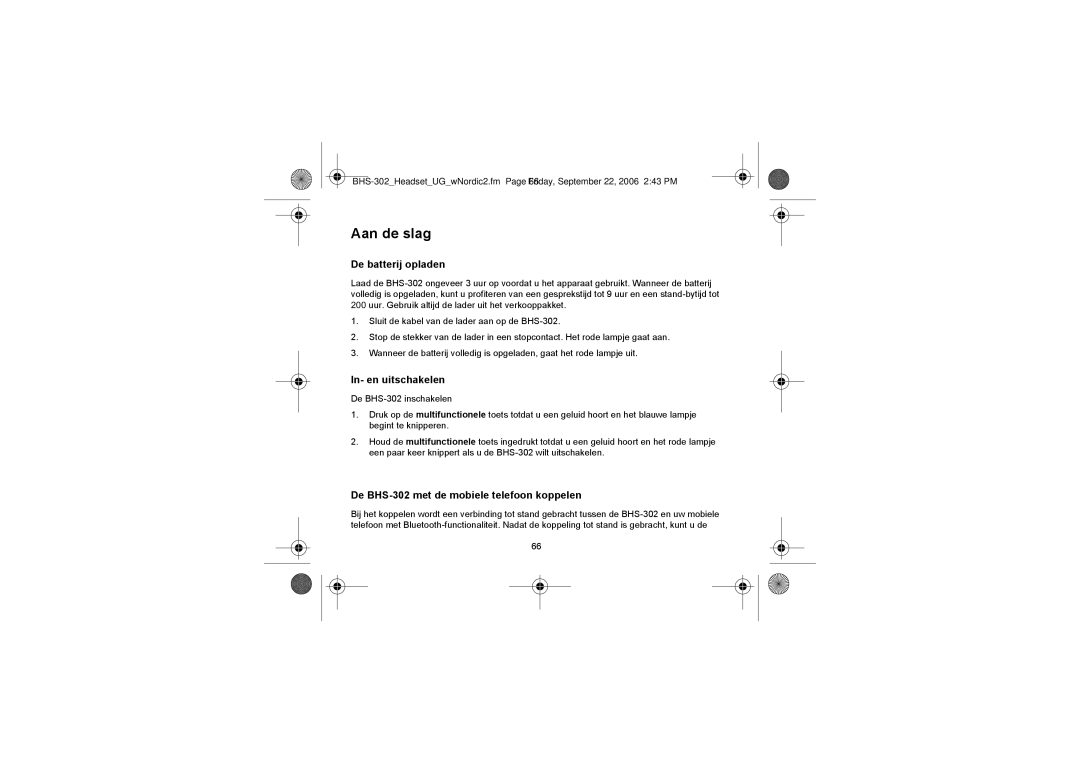 Iqua manual Aan de slag, De batterij opladen, In- en uitschakelen, De BHS-302 met de mobiele telefoon koppelen 