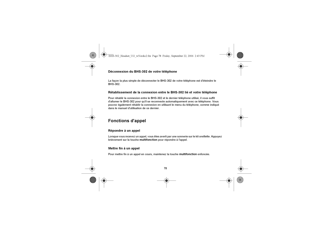 Iqua manual Fonctions dappel, Déconnexion du BHS-302 de votre téléphone, Répondre à un appel, Mettre fin à un appel 