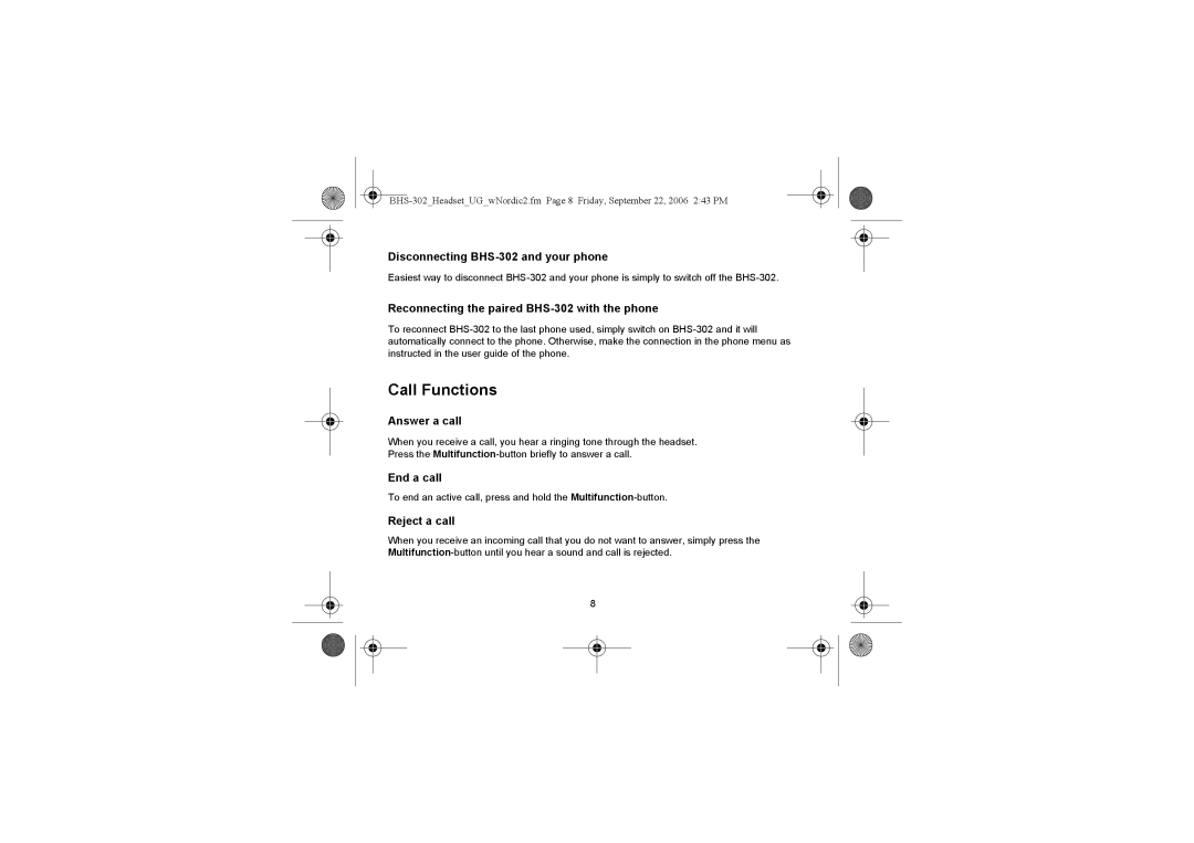 Iqua BHS-302 manual Call Functions 