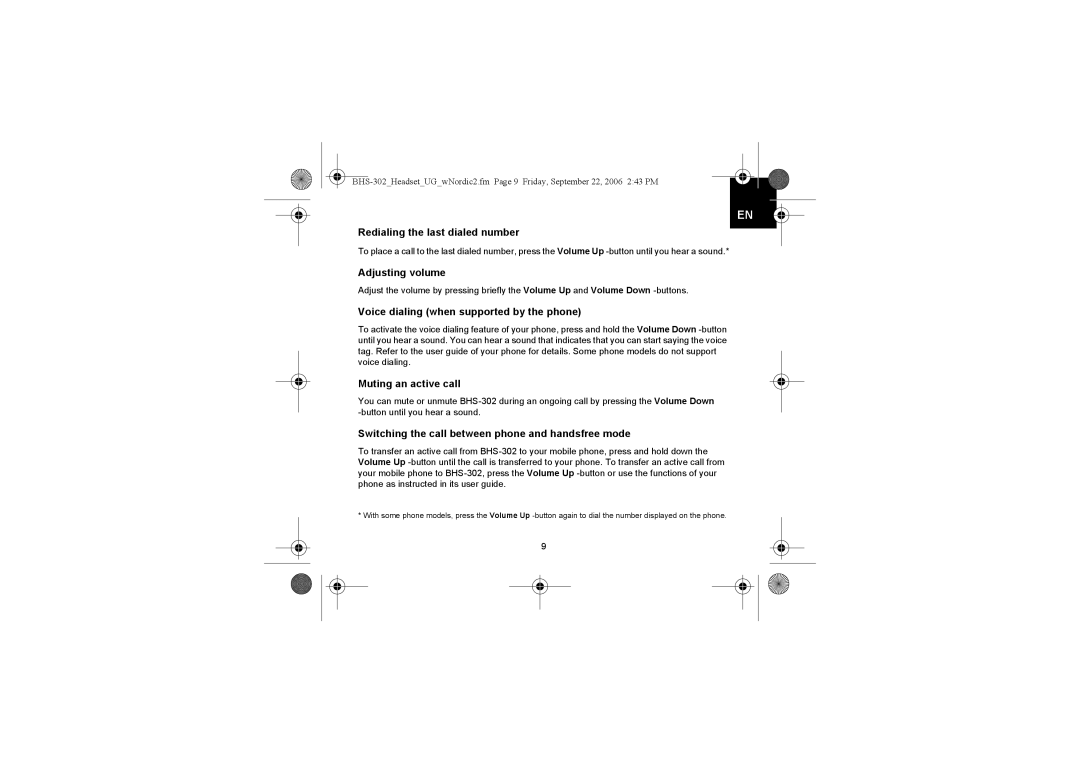 Iqua BHS-302 manual Redialing the last dialed number, Adjusting volume, Voice dialing when supported by the phone 