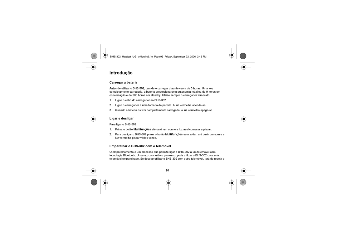 Iqua manual Introdução, Carregar a bateria, Ligar e desligar, Emparelhar o BHS-302 com o telemóvel 