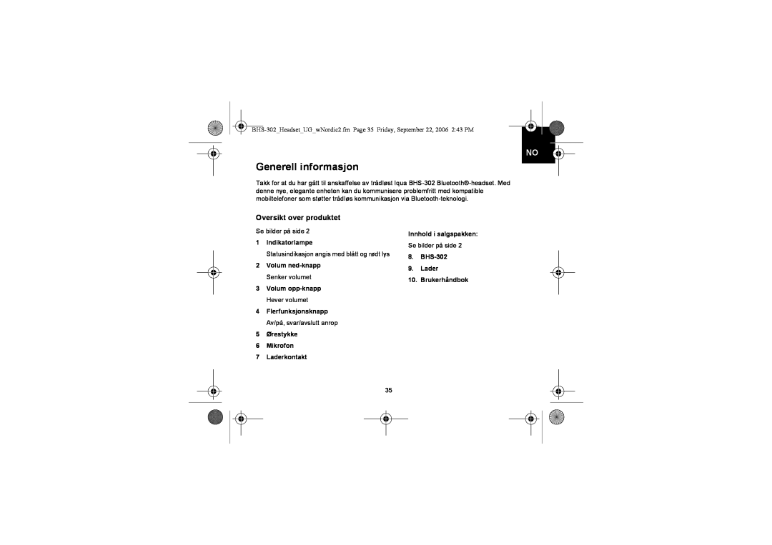 Iqua BHS-302 manual Generell informasjon, Oversikt over produktet, 1Indikatorlampe, 2Volum ned-knapp Senker volumet 