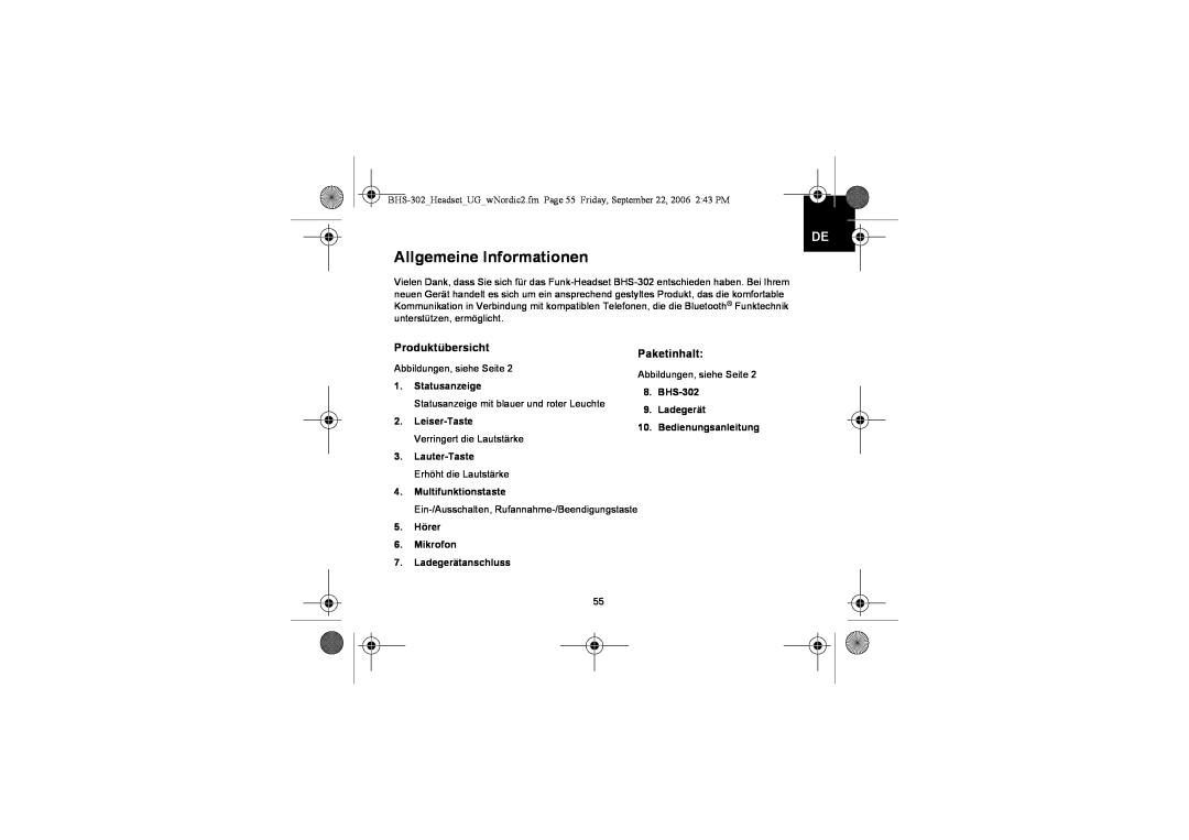 Iqua BHS-302 Allgemeine Informationen, ProduktübersichtPaketinhalt, Abbildungen, siehe Seite, Statusanzeige, Ladegerät 