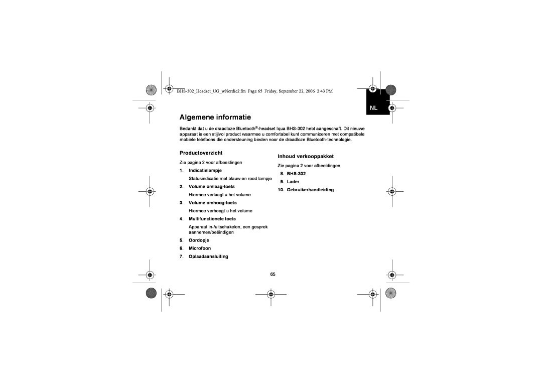 Iqua BHS-302 manual Algemene informatie, Productoverzicht, Inhoud verkooppakket, Indicatielampje, Multifunctionele toets 
