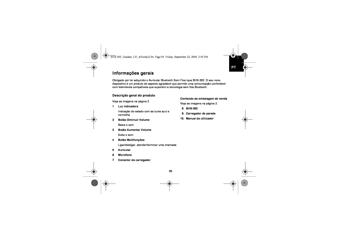 Iqua BHS-302 manual Informações gerais, Descrição geral do produto, 1Luz indicadora, 2Botão Diminuir Volume Baixa o som 