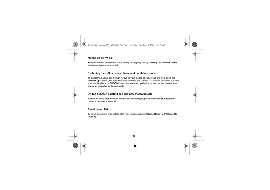 Iqua BHS-306 manual Muting an active call, Switching the call between phone and handsfree mode, Reset paired list 