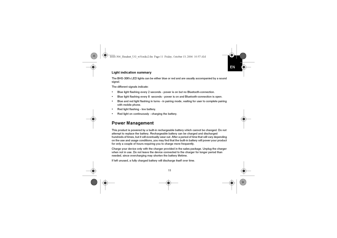 Iqua BHS-306 manual Power Management, Light indication summary 