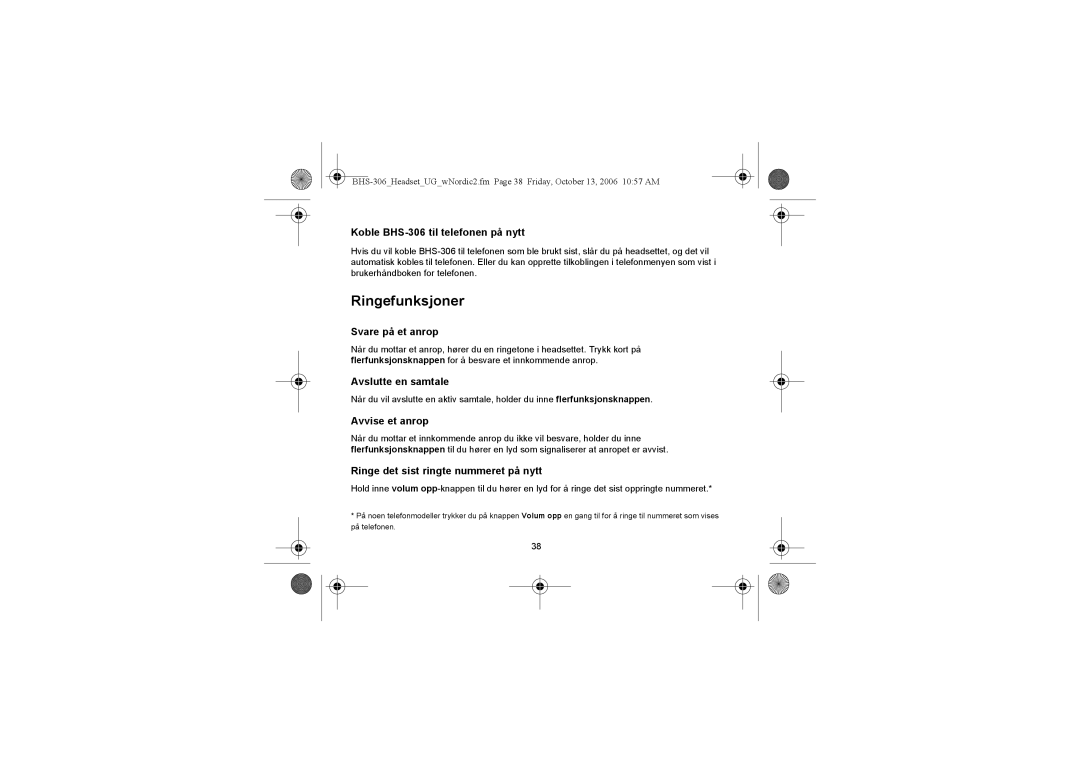 Iqua BHS-306 manual Ringefunksjoner 