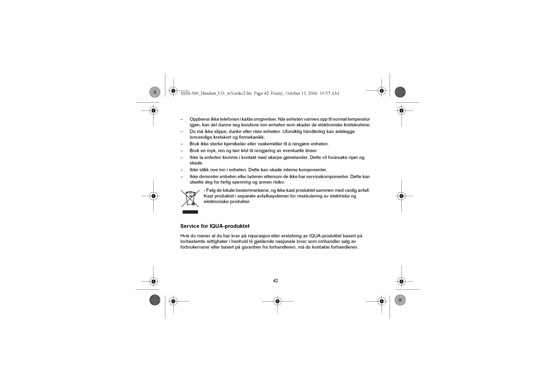 Iqua BHS-306 manual Service for IQUA-produktet 