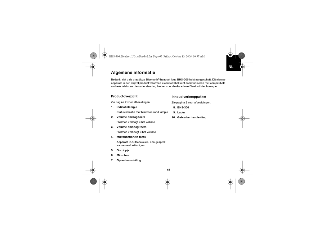 Iqua BHS-306 manual Algemene informatie, Productoverzicht, Inhoud verkooppakket 