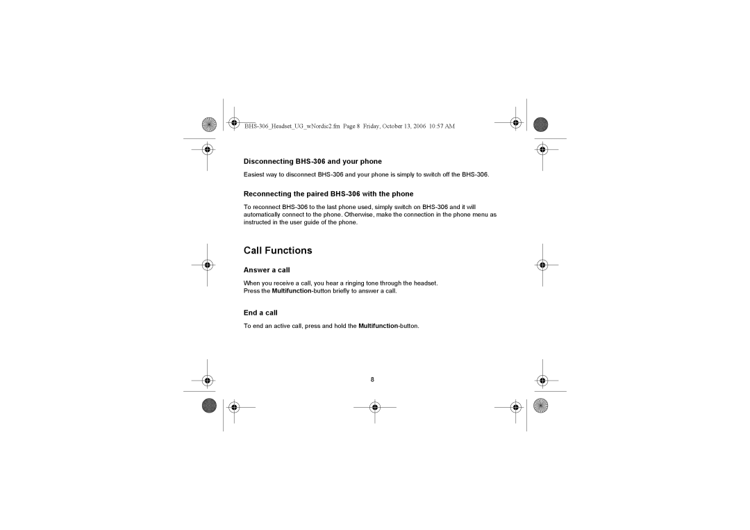 Iqua Call Functions, Disconnecting BHS-306 and your phone, Reconnecting the paired BHS-306 with the phone, End a call 