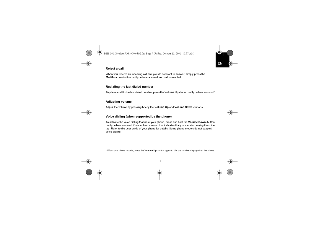 Iqua BHS-306 Reject a call, Redialing the last dialed number, Adjusting volume, Voice dialing when supported by the phone 