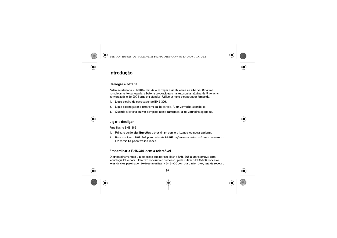 Iqua manual Introdução, Carregar a bateria, Ligar e desligar, Emparelhar o BHS-306 com o telemóvel 