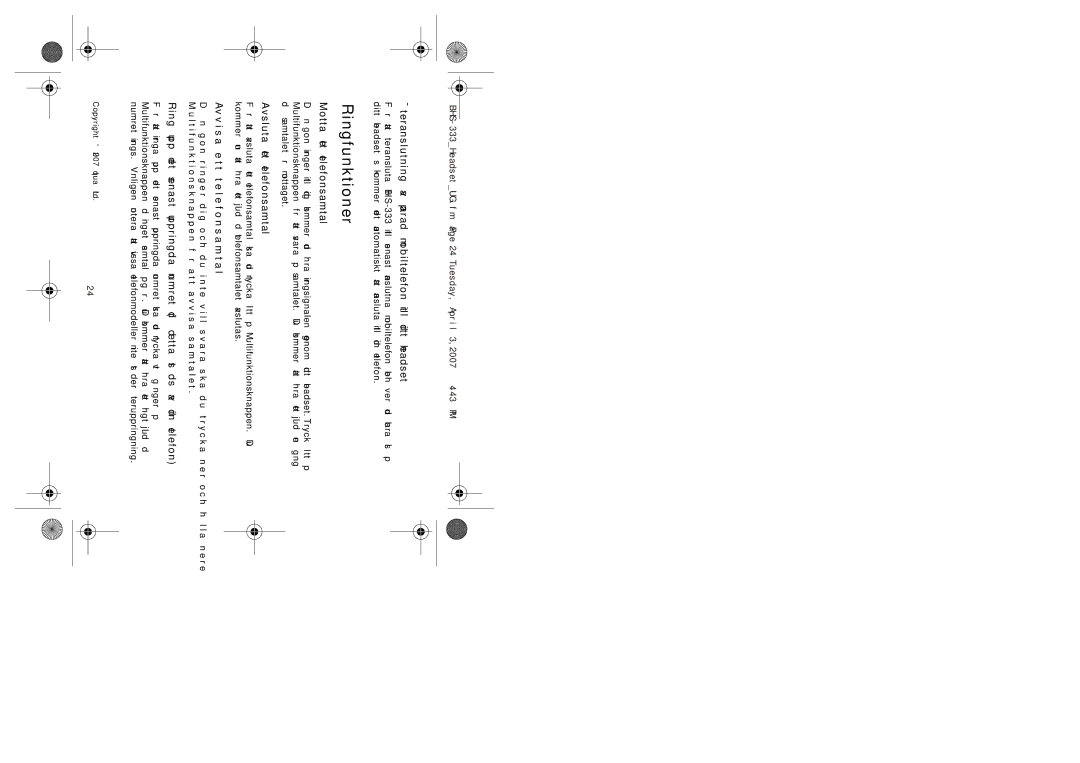 Iqua BHS-333 manual Ringfunktioner, Återanslutning av parad mobiltelefon till ditt headset, Motta ett telefonsamtal 