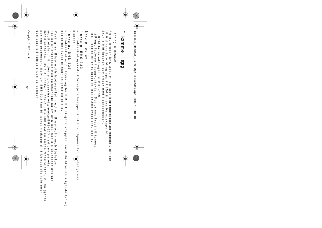 Iqua manual Komme i gang, Ladning av batteriet, Skru på og av Skru på BHS-333, Skru av BHS-333 