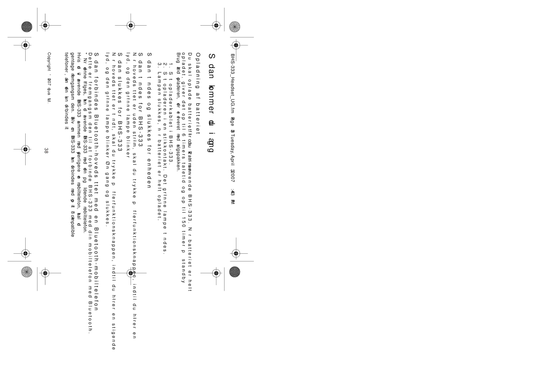 Iqua manual Sådan kommer du i gang, Opladning af batteriet, Sådan slukkes for BHS-333 