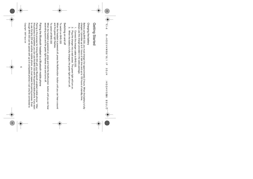 Iqua BHS-333 manual Charging the battery, Switching on and off, Pairing the Bluetooth headset to a Bluetooth mobile phone 