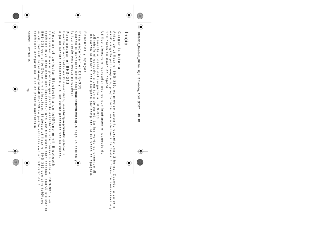 Iqua manual Inicio, Cargar la batería, Encender y apagar Para encender el BHS-333, Para apagar el BHS-333 