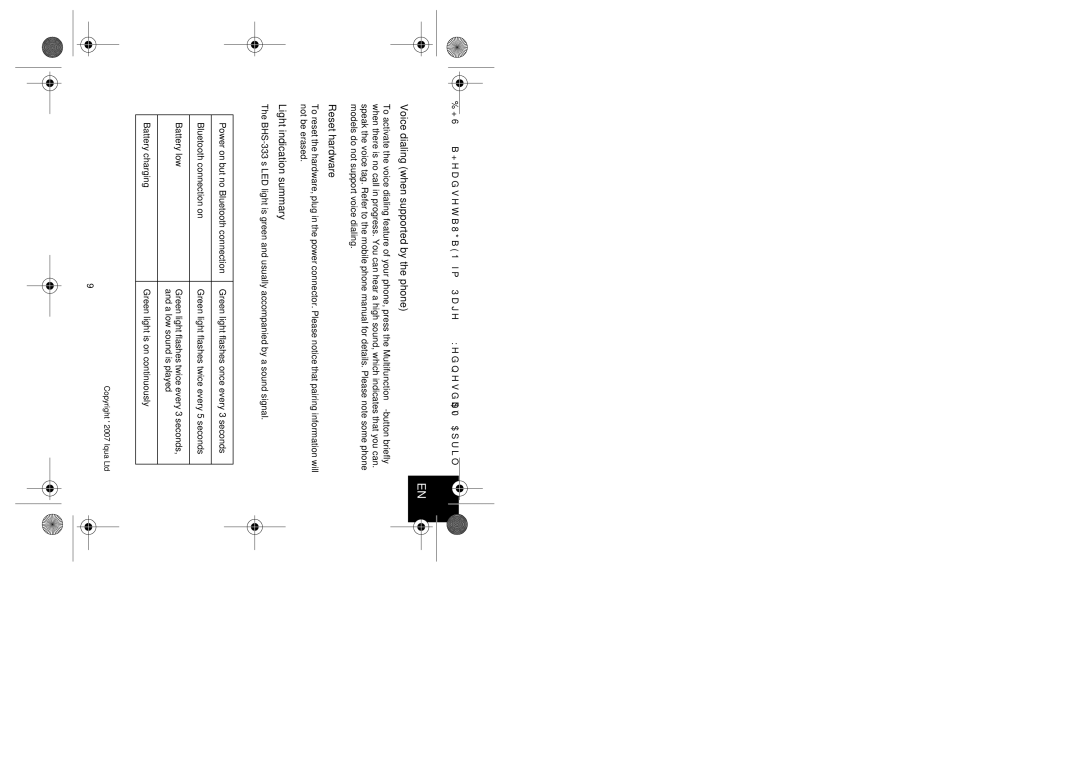 Iqua BHS-333 manual Voice dialing when supported by the phone, Reset hardware, Light indication summary 