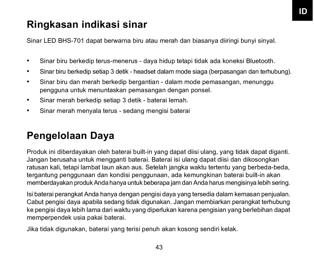 Iqua BHS-701 manual Ringkasan indikasi sinar, Pengelolaan Daya 