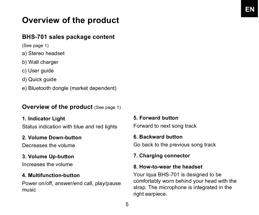 Iqua manual BHS-701 sales package content, Overview of the product See 