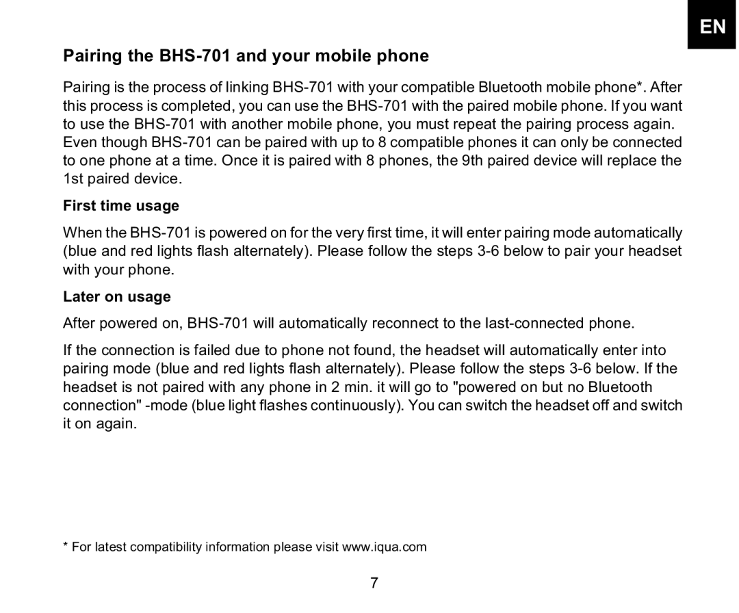 Iqua manual Pairing the BHS-701 and your mobile phone, First time usage, Later on usage 