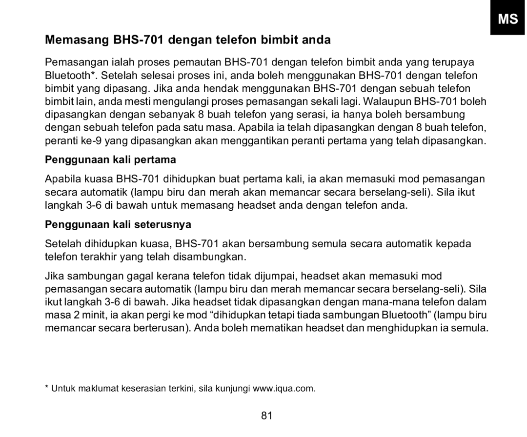 Iqua manual Memasang BHS-701 dengan telefon bimbit anda, Penggunaan kali pertama, Penggunaan kali seterusnya 