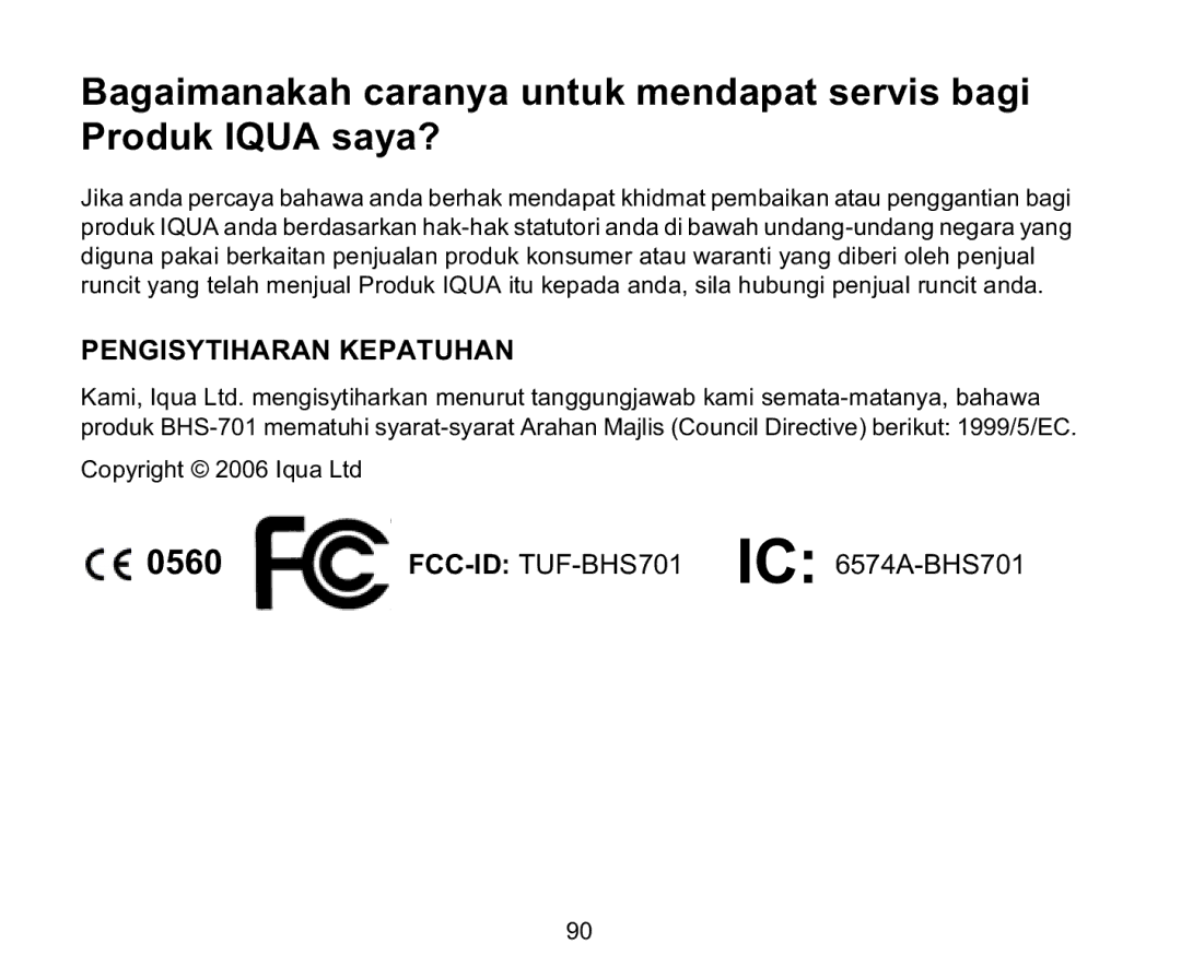 Iqua BHS-701 manual Pengisytiharan Kepatuhan 