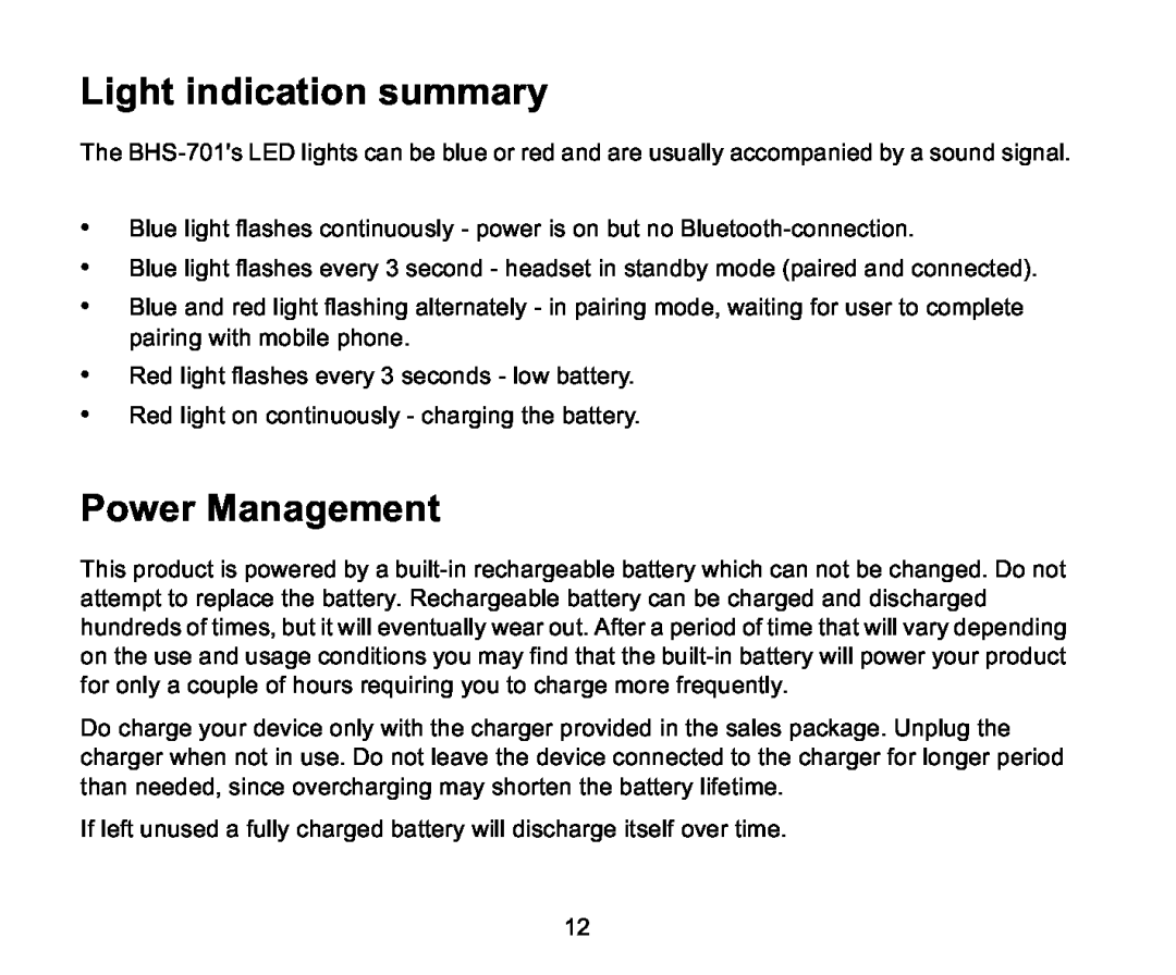 Iqua BHS-701 manual Light indication summary, Power Management 