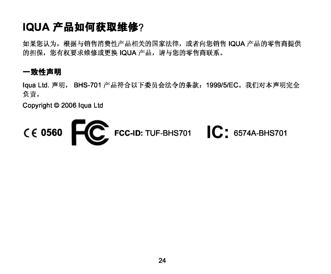 Iqua BHS-701 manual Iqua, 0560, FCC-ID TUF-BHS701 IC 6574A-BHS701, 1999/5/EC 