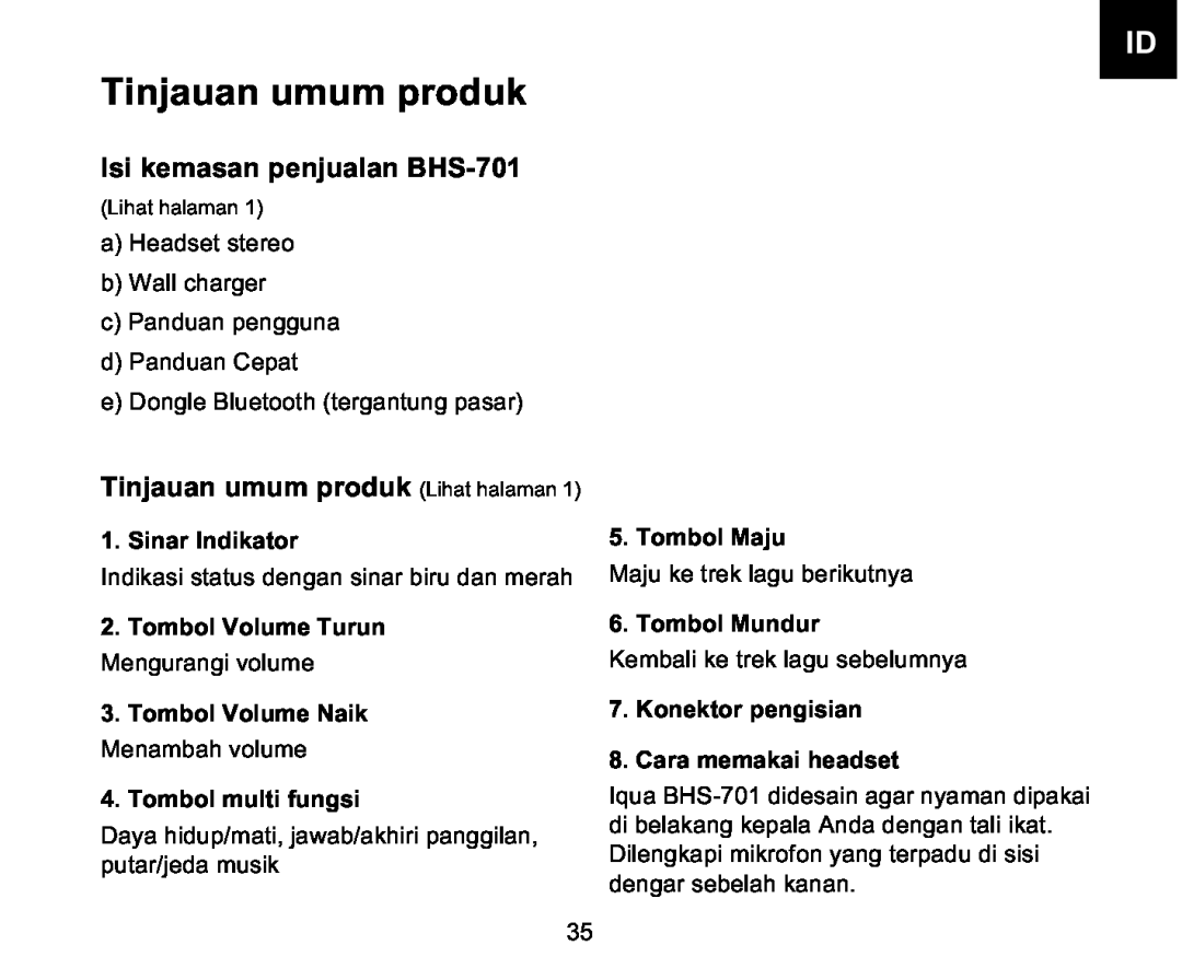 Iqua manual Isi kemasan penjualan BHS-701, Tinjauan umum produk Lihat halaman, Sinar Indikator, Tombol Volume Turun 