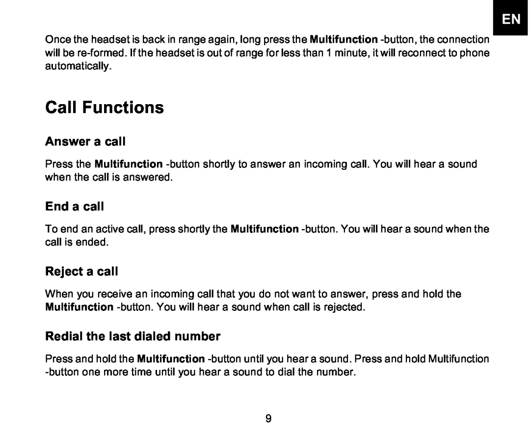 Iqua BHS-701 manual Call Functions, Answer a call, End a call, Reject a call, Redial the last dialed number 