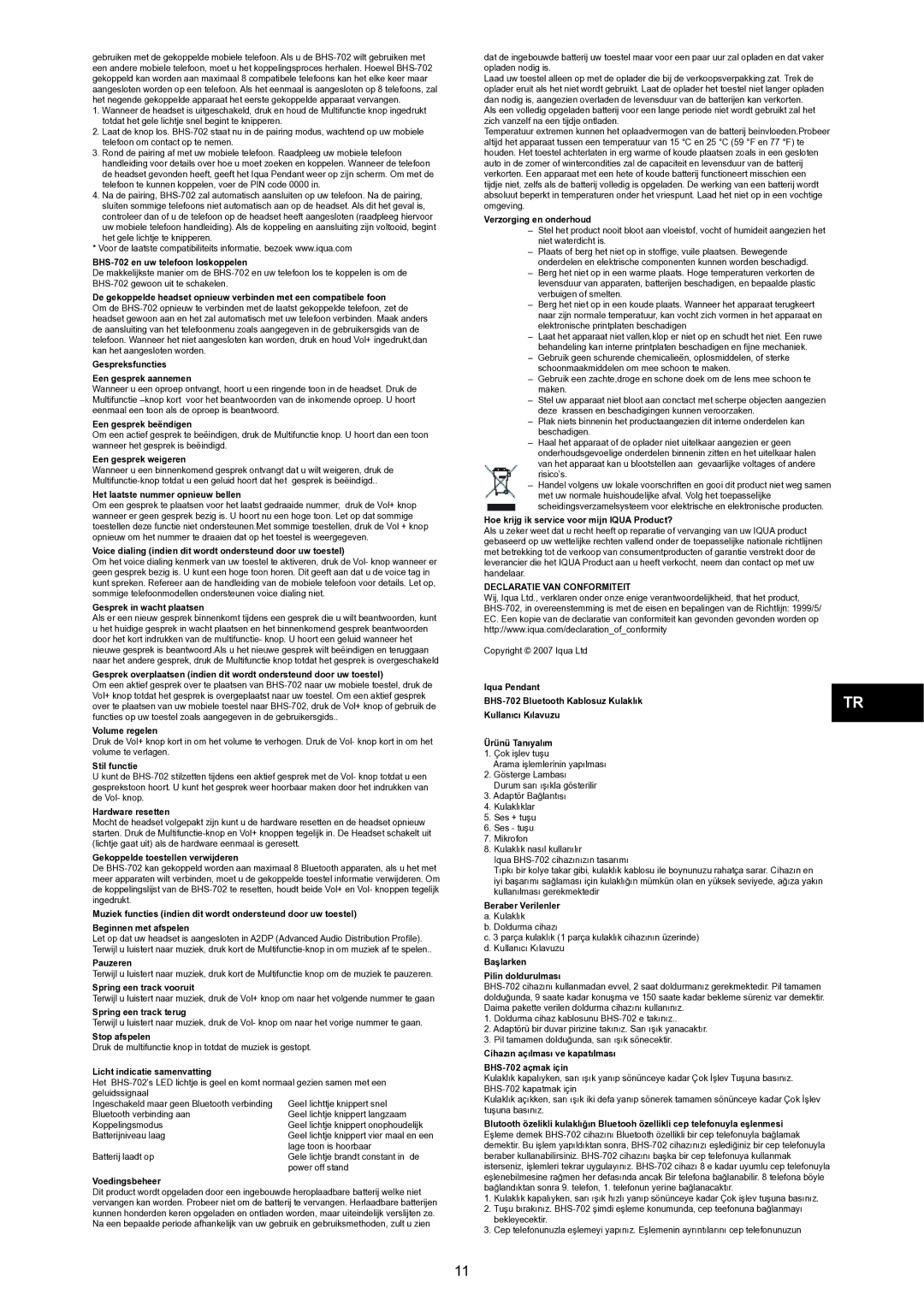 Iqua BHS-702 specifications Declaratie VAN Conformiteit 