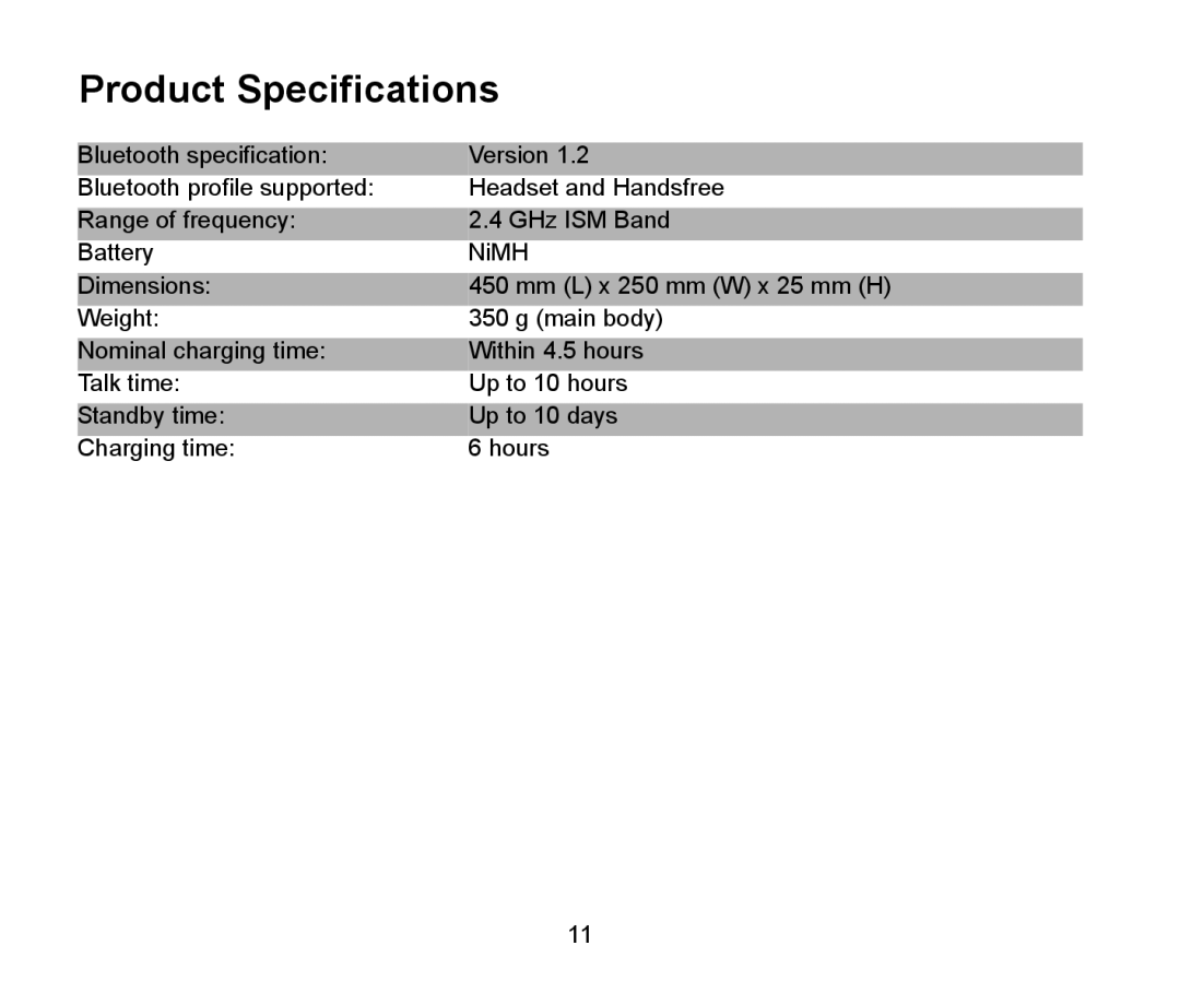 Iqua Bluetooth Headrest Handsfree manual Product Specifications 