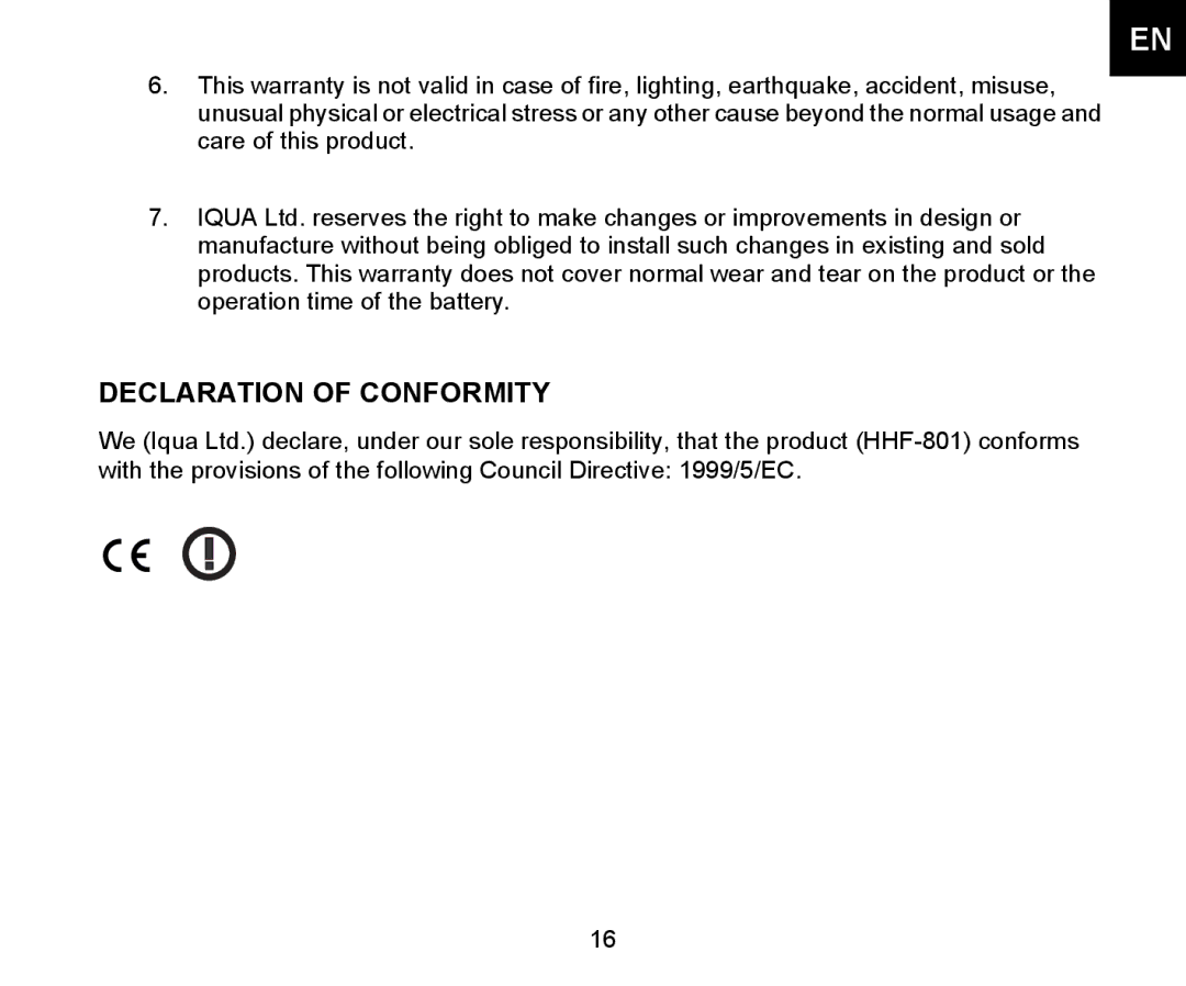 Iqua Bluetooth Headrest Handsfree manual Declaration of Conformity 