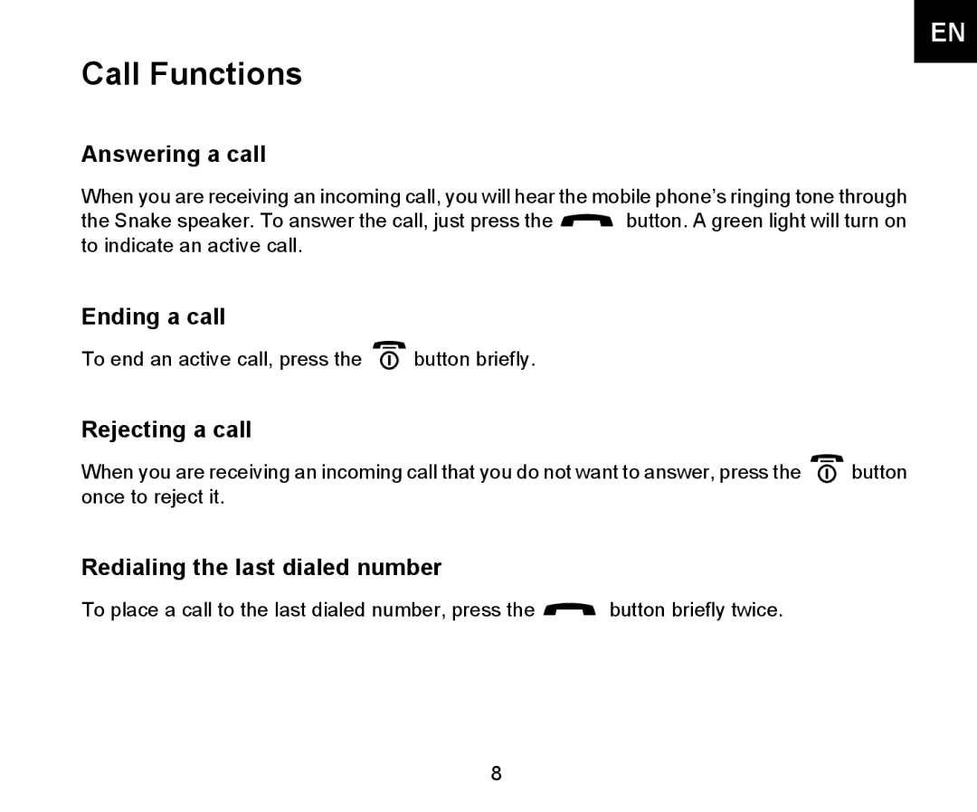 Iqua Bluetooth Headrest Handsfree manual Call Functions, Answering a call, Ending a call, Rejecting a call 