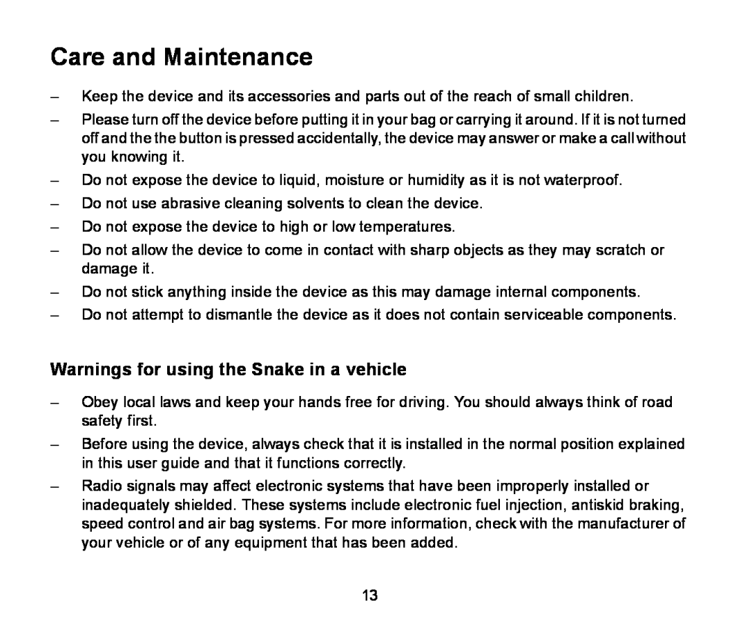 Iqua Bluetooth Headrest Handsfree manual Care and Maintenance, Warnings for using the Snake in a vehicle 