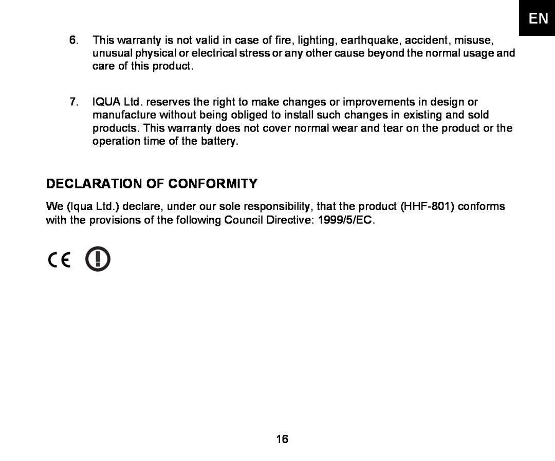 Iqua Bluetooth Headrest Handsfree manual Declaration Of Conformity 