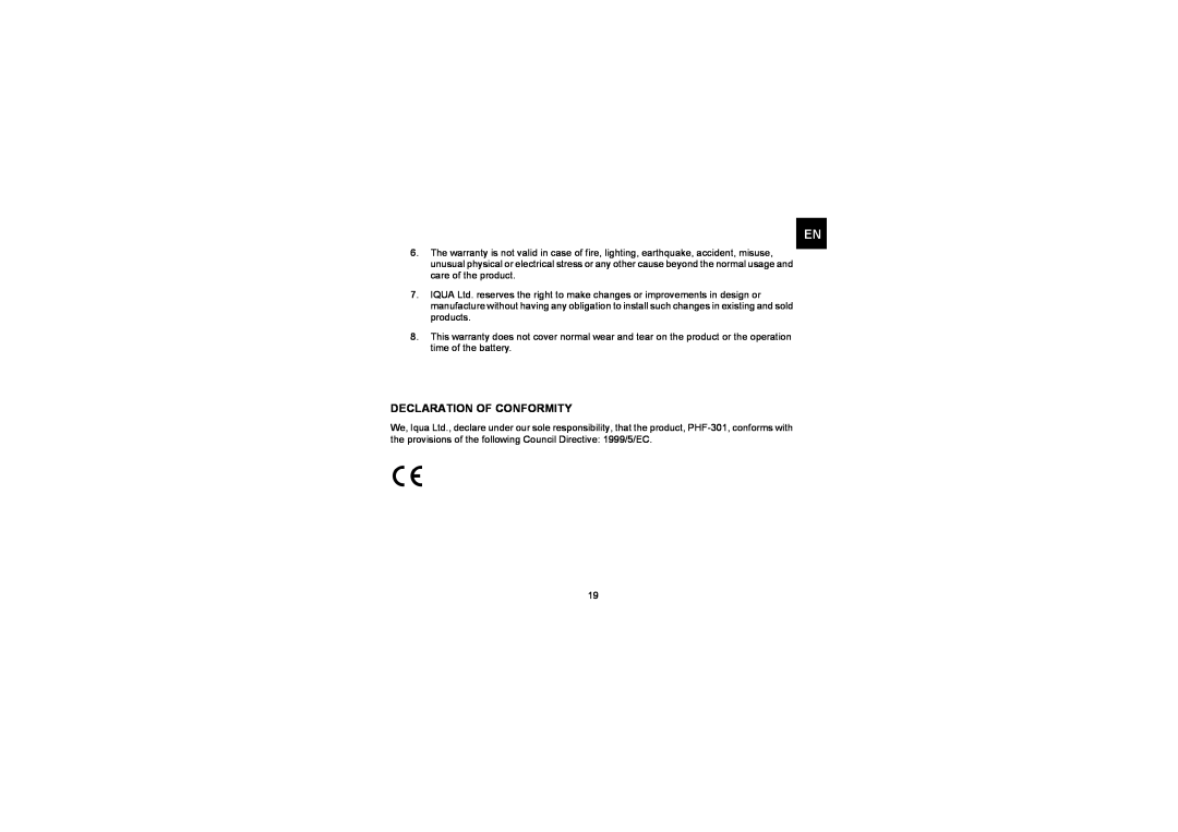 Iqua PHF-301 manual Declaration Of Conformity 