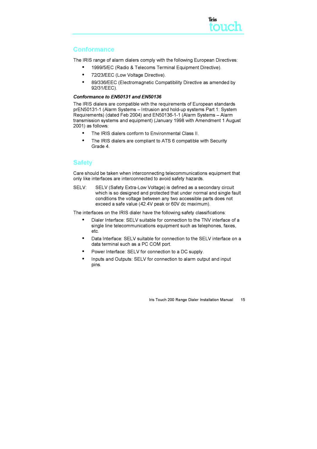 IRIS 200 installation manual Conformance 