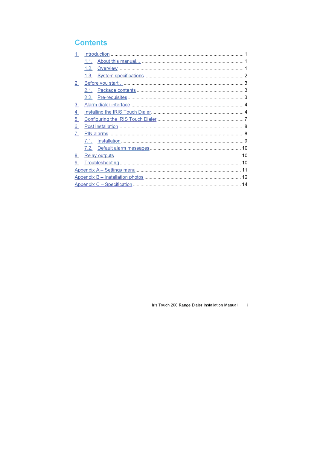 IRIS 200 installation manual Contents 