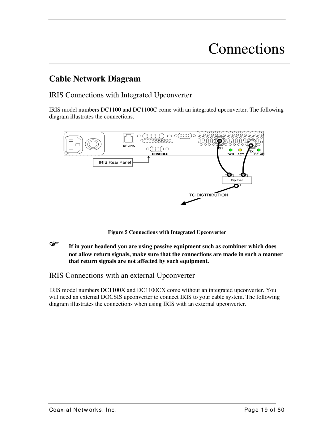 IRIS DC1100E manual Cable Network Diagram, Iris Connections with Integrated Upconverter 