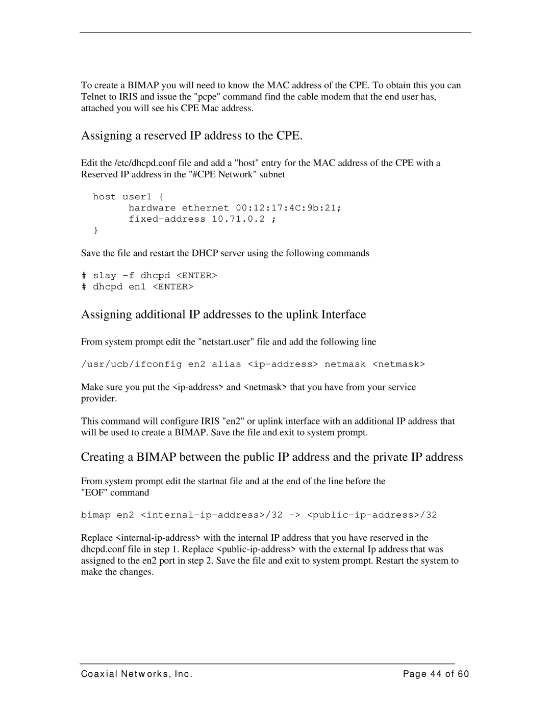 IRIS DC1100E manual Assigning a reserved IP address to the CPE, Assigning additional IP addresses to the uplink Interface 