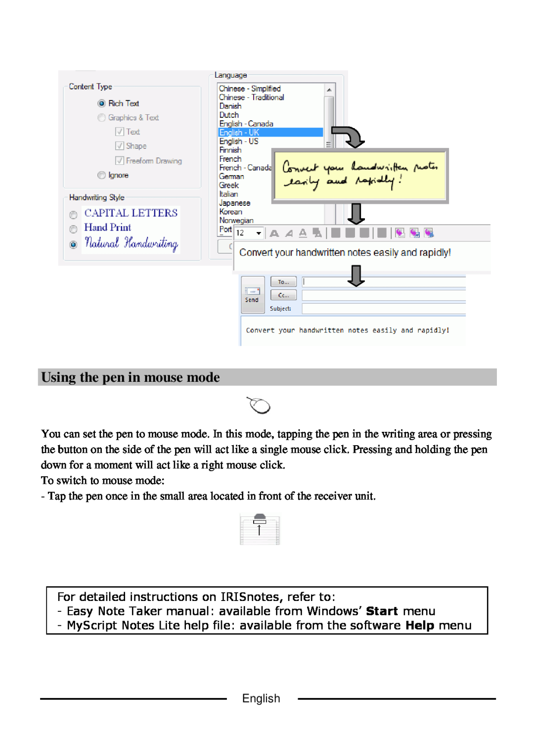 I.R.I.S IRISnotes manual Using the pen in mouse mode 